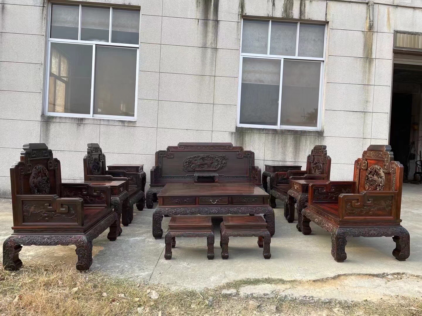 大红酸枝沙发交趾黄檀国宾款孔雀沙发十三件套 黑红老料