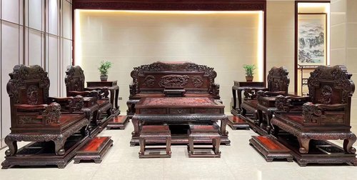 红木家具  老挝大红酸枝中式荣华富贵宝座沙发套交趾黄檀仿古沙发