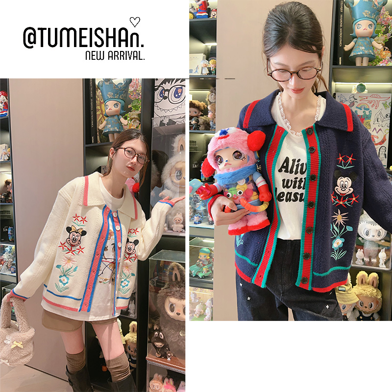 兔美善韩国代购女装25秋 精致米奇刺绣撞色减龄针织毛衣开衫外套