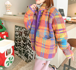 兔美善韩国代购女装 冬新 洋气彩色格子颗粒感羊毛羔外套