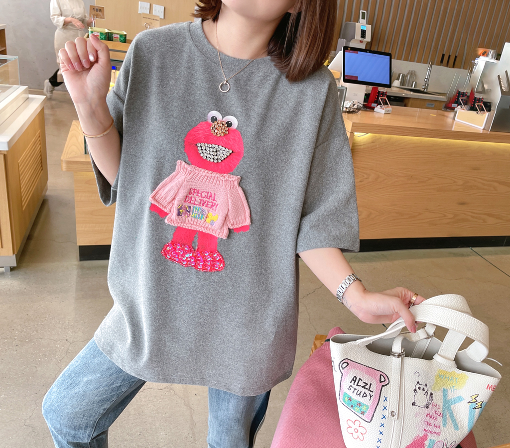 兔美善韩国代购女装 22春季新品搞怪粉红色小怪兽可爱减龄T恤-封面