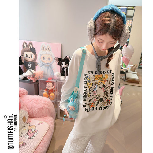 兔美善韩国代购女装25冬季 减龄风迪士尼卡通印花暖白休闲T恤