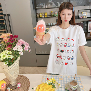 兔美善韩国代购女装 夏季新品 可爱KT猫印花圆领白色休闲T恤