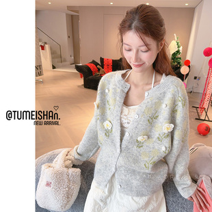 兔美善韩国代购女装25冬季 温柔女人味立体织花时尚针织毛衣开衫