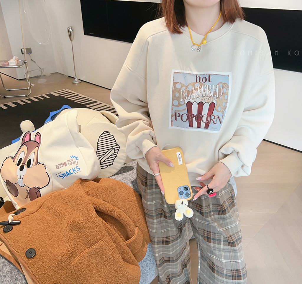 兔美善韩国代购女装23秋新 减龄爆米花字母印花加绒加厚圆领卫衣