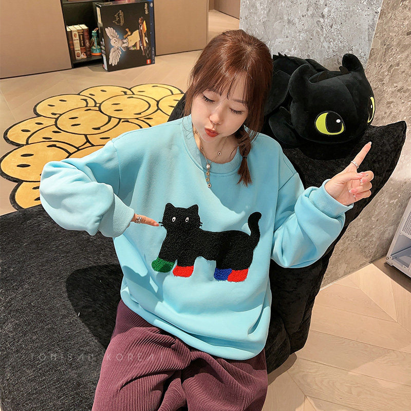 兔美善韩国代购女装24冬 湖水蓝立体撞色小黑猫刺绣宽松加绒卫衣