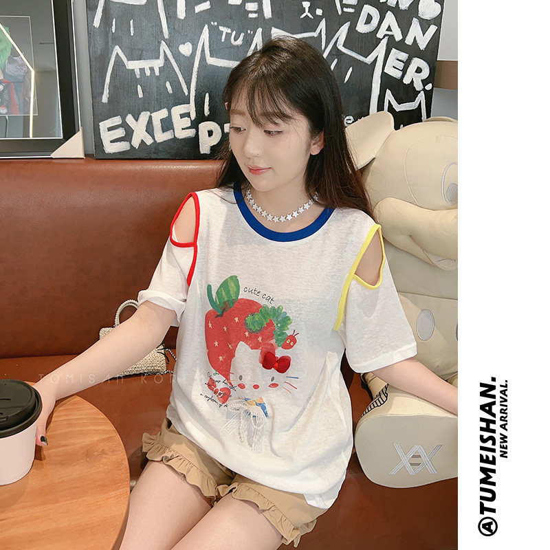 兔美善韩国代购女装25夏季 立体kitty蝴蝶结卡通印花露肩短袖T恤