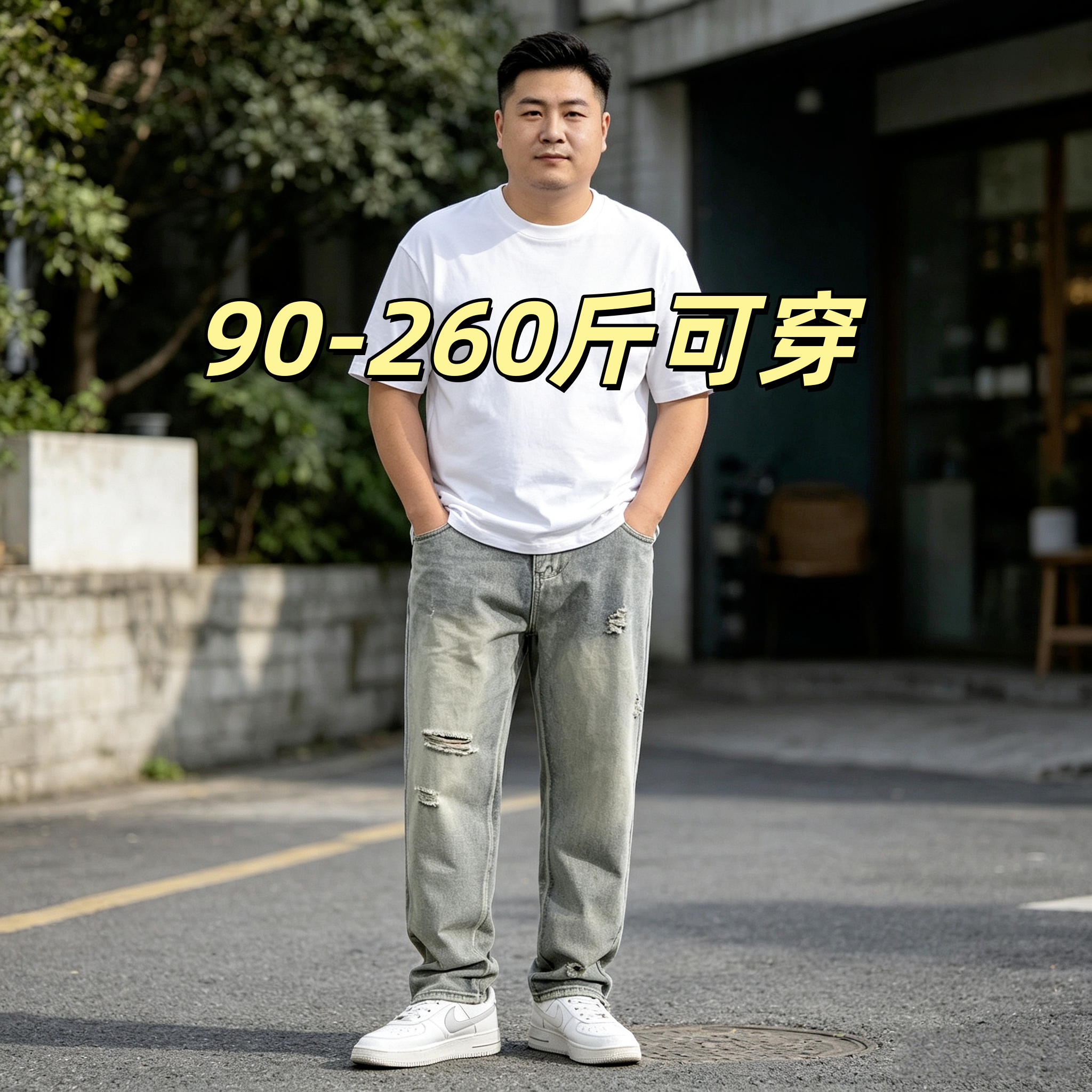 复古高街破洞牛仔裤男秋季潮牌刮烂水洗做旧宽松直筒休闲大码裤子