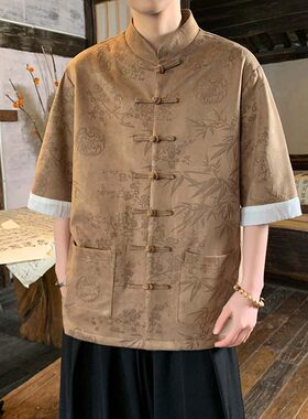 2025春夏大码中国风衬衫男装鹿皮绒宽松唐装汉服五分袖衬衫衬衣男