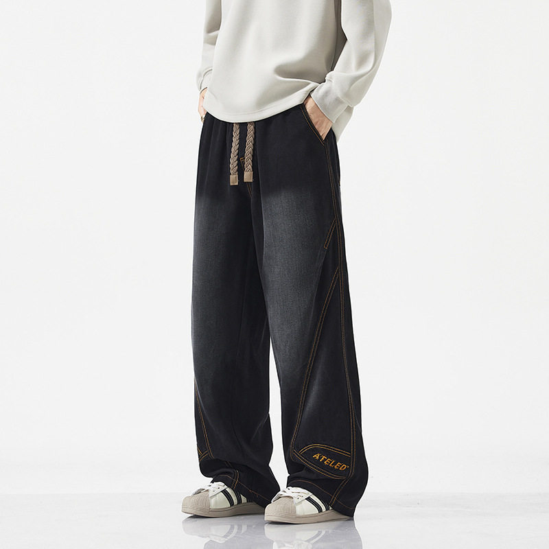 胖哥大码美式设计感拼接牛仔裤男vibe潮牌痞帅宽松阔腿直筒长裤男,男装,大码下装,淘宝优惠券,粉丝福利购,淘宝优惠卷