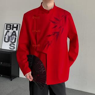 新中式改良中山装大码立领竹叶印花盘扣中国风西服西单上衣男红色