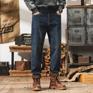 春季高弹力加绒牛仔裤男微锥直筒小脚加肥加大码胖子弹力裤子男潮