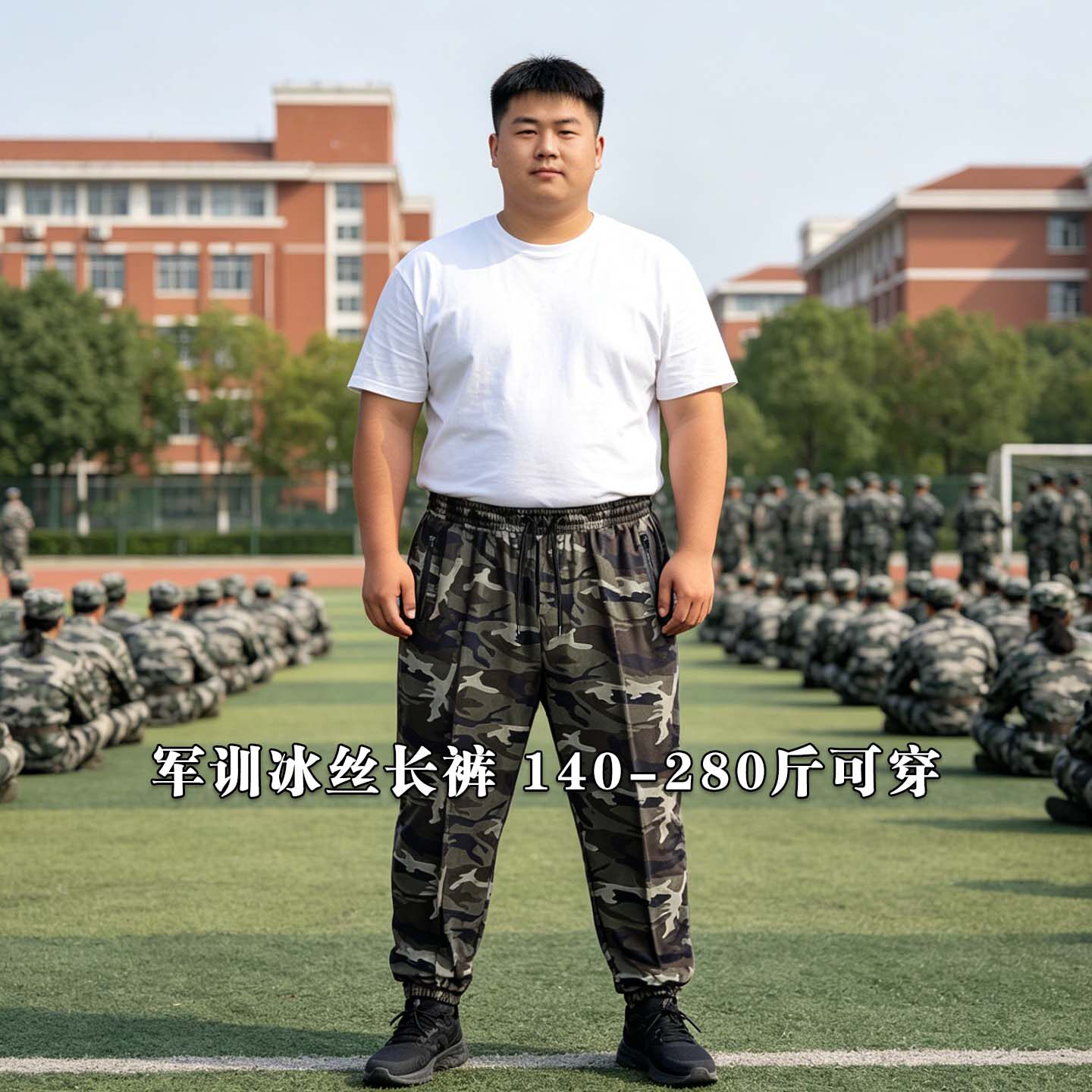 胖子夏季户外军训加肥加大宽松大码束腿弹力运动迷彩冰丝休闲裤男