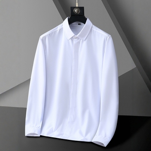 胖子大码男装长袖暗门襟衬衫休闲秋季隐藏式纽扣设计肥佬弹力衬衣