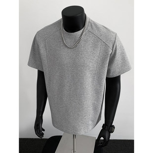 夏季太空棉大码短袖美式高街解构重磅t恤硬挺修身正肩半袖上衣男