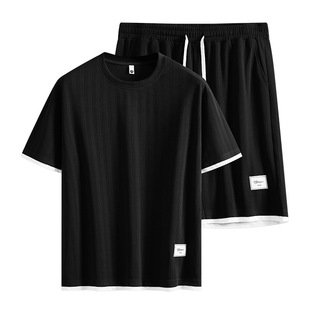 T恤五分裤 胖子大码 男夏320斤冰感短袖 套装 两件套加肥潮 肌理感短袖