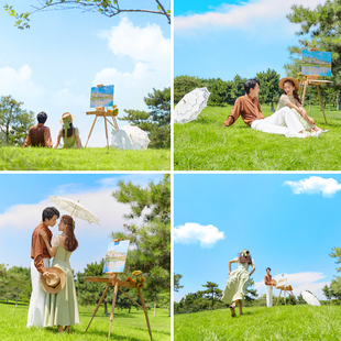影楼婚纱照外景草坪客样新款高端情侣工笔画意小清新草地森系样片
