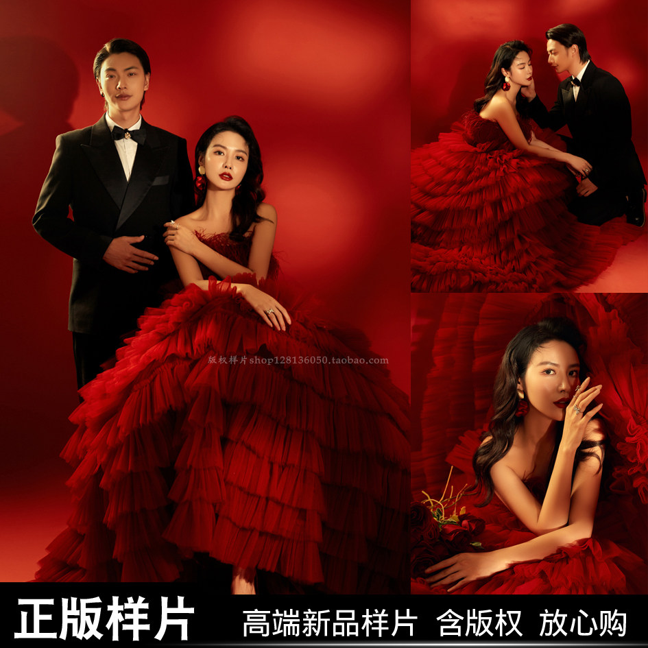 影楼婚纱照新样片 展会版权接单小视频红晚礼高端单色光影客样照