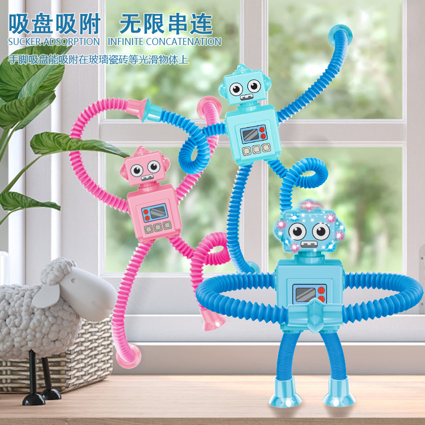 亚马逊新品灯光机器人公仔伸缩管减压百变拉伸吸盘儿童解压玩具