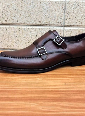 意大利手工皮鞋男真皮外贸英伦百搭商务男鞋实木跟底孟克鞋尖头