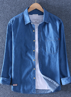 迪比纯棉娅牛仔衬衫男秋季休闲软牛仔上衣宽松水洗长袖衬衣外套M