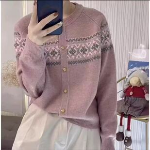 【小金扣提花】拼色民族风圆领单排扣插肩袖针织衫春季韩版外套