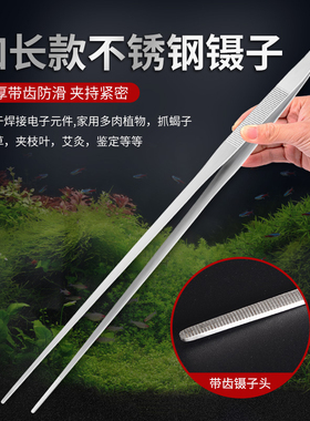 镊子不锈钢圆头带齿长柄取物鱼缸喂龟乌龟喂食专用水草加长超长