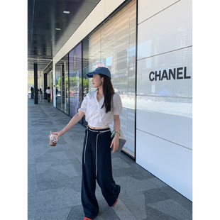 蕾丝拼接交叉绑带衬衫 木耳腰头阔腿长裤 套装 小衫 女V领短袖 sieyiu