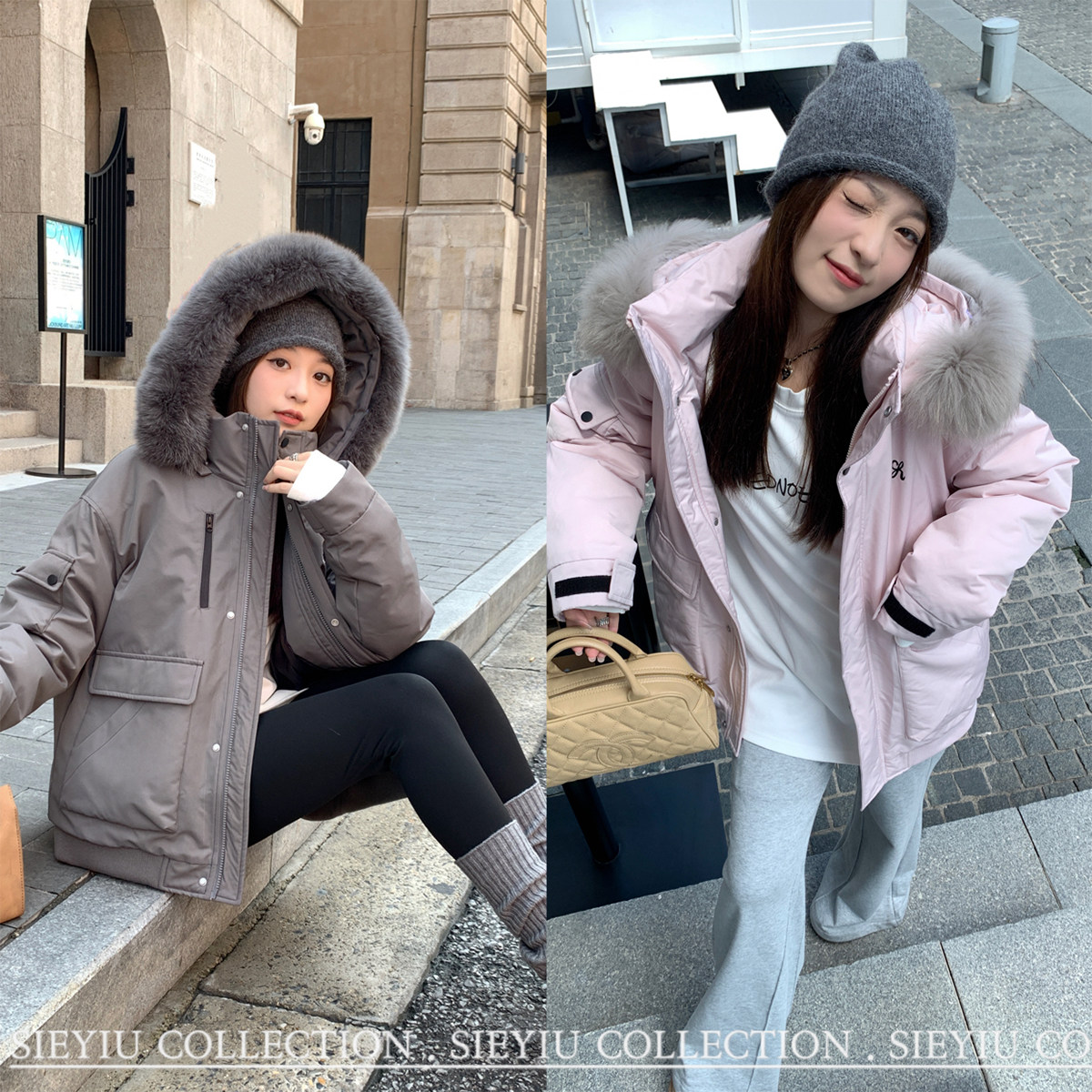 sieyiu90白鸭绒狐狸毛领羽绒服女宽松连帽加厚保暖工装派克服外套