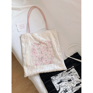 宋茜同款珠光蕾丝帆布包包女2025新款大容量托特包小众单肩腋下包