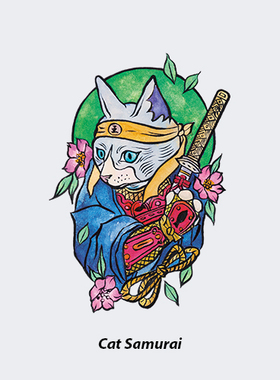 NEUF弗防水纹身贴武士猫花臂猫咪后背小腿彩色复古可爱水墨风