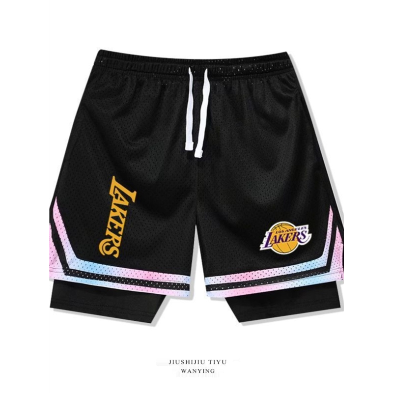 湖人队假两件篮球美式短裤男夏季运动训练健身不过膝詹姆斯三分裤