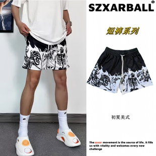 2025爆款美式骷髅头篮球短裤男不过膝健身三四分裤学生透气潮流夏