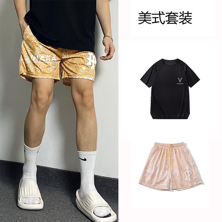 美式篮球短袖短裤两件套复古夏季运动宽松透气速干健身跑步套装潮
