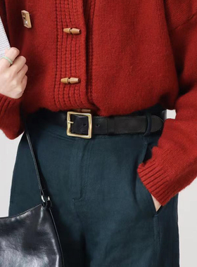 纯铜螺纹方扣皮带头层牛皮复古宽版软皮可打结百搭牛仔裤腰带潮