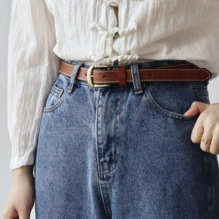 铜扣复古窄黑色女士皮带牛仔裤装饰腰带新款女头层牛皮针扣百搭