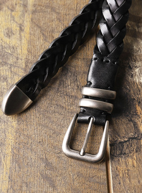 真皮cleanfit风格头层牛皮编织细皮带女百搭双锁环小众男士细腰带