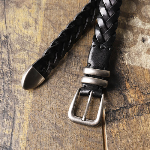 头层牛皮编织细皮带女百搭