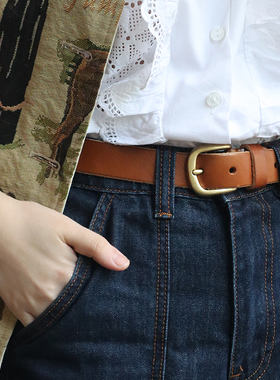 手工简约复古铜针扣女士牛仔裤皮带真皮头层牛皮软腰带女夏可打结