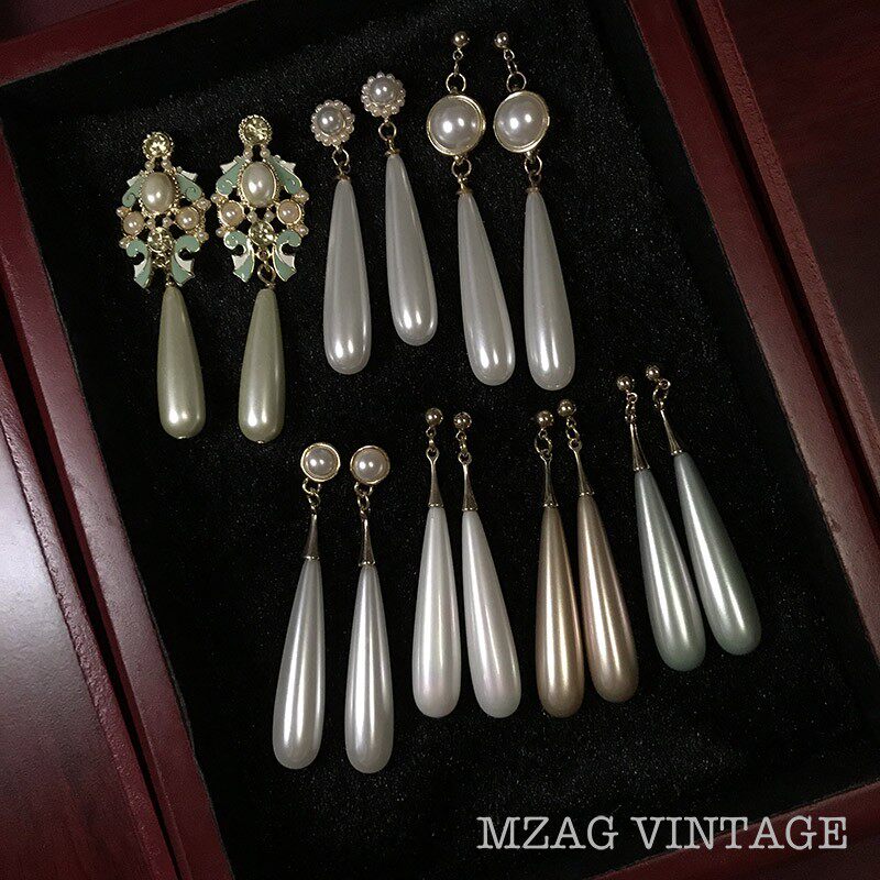 mzag气质优雅型长款珍珠吊坠耳环复古宫廷风水滴形无耳洞耳夹配饰