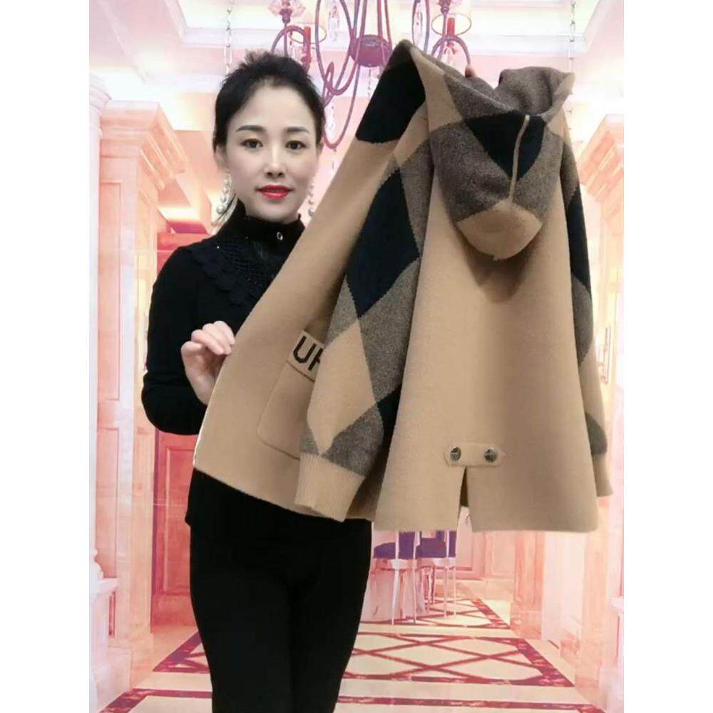 新款通勤连帽韩版休闲双面绒针织长袖格子短款外套中年气质女开衫