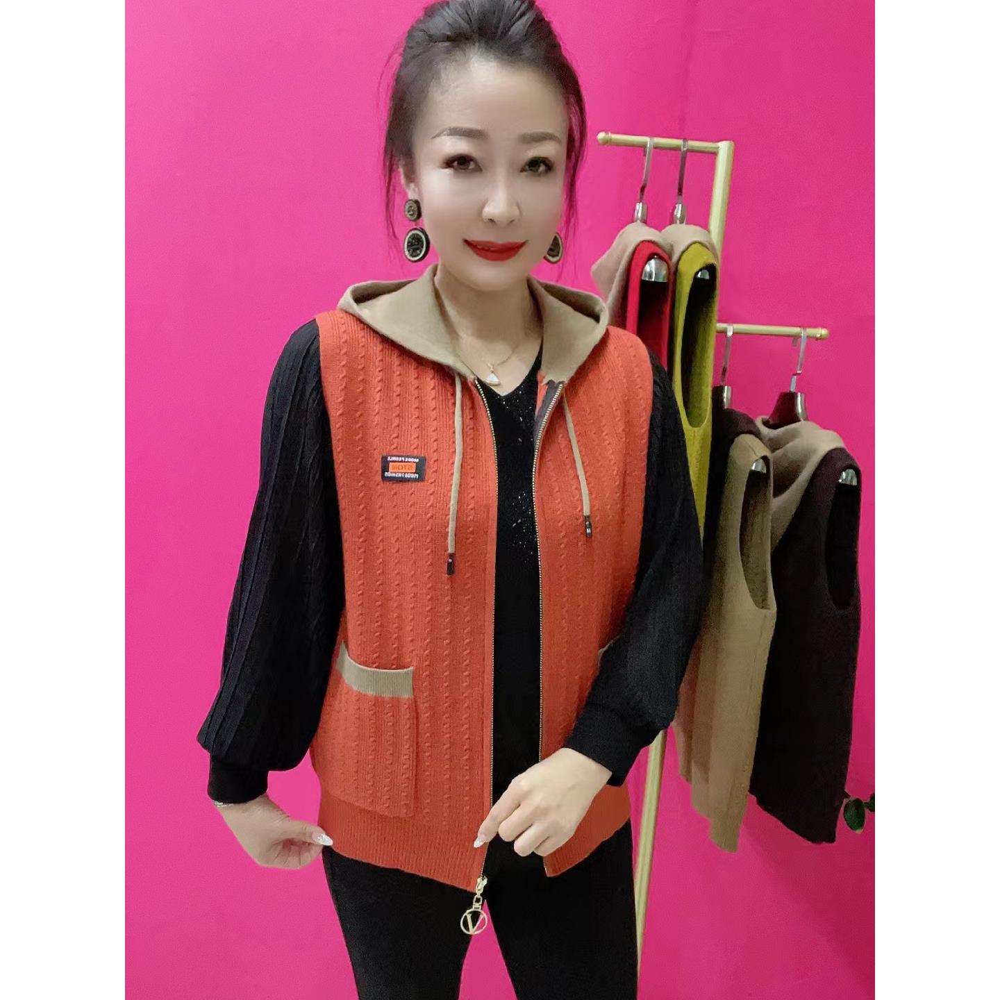 妈妈装春秋新款针织开衫马甲外套女时尚拼色毛衫马夹无袖连帽上衣