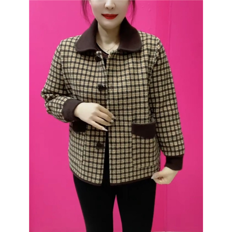 春秋季中老年宽松翻领女士外套上衣时尚妈妈装显瘦洋气格子夹克潮