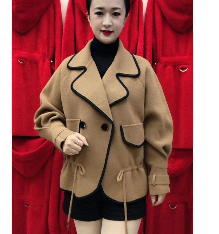 新款妈妈装秋冬季毛呢短款外套女中老年收腰时尚女士双面呢开衫