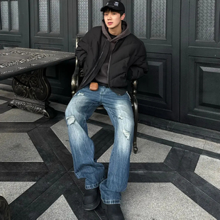 BLOOD RULE闪电暴裂纹水洗破坏破洞做旧高街美式宽松微喇叭牛仔裤