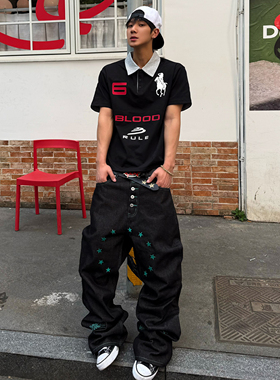 BLOOD RULE春夏美式复古天使战马修身Polo衫正肩短袖T恤