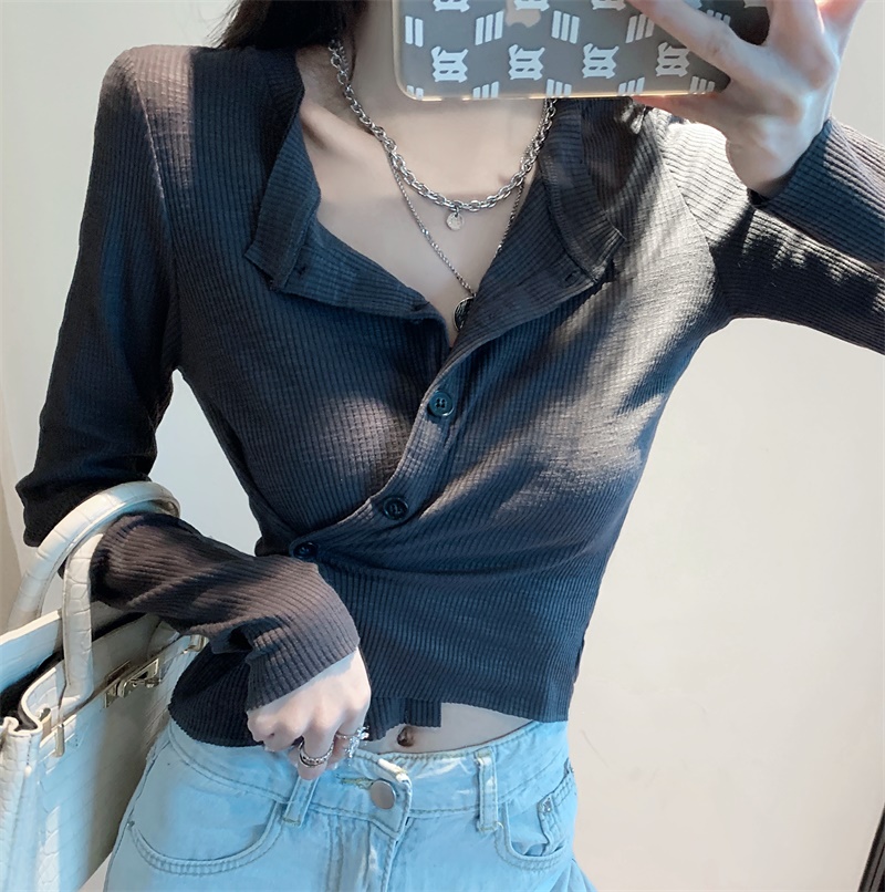 Real shot ~ real price ~ V-neck jacket cardigan knitted women's long sleeve T-shirt bottoming shirt slim and thin