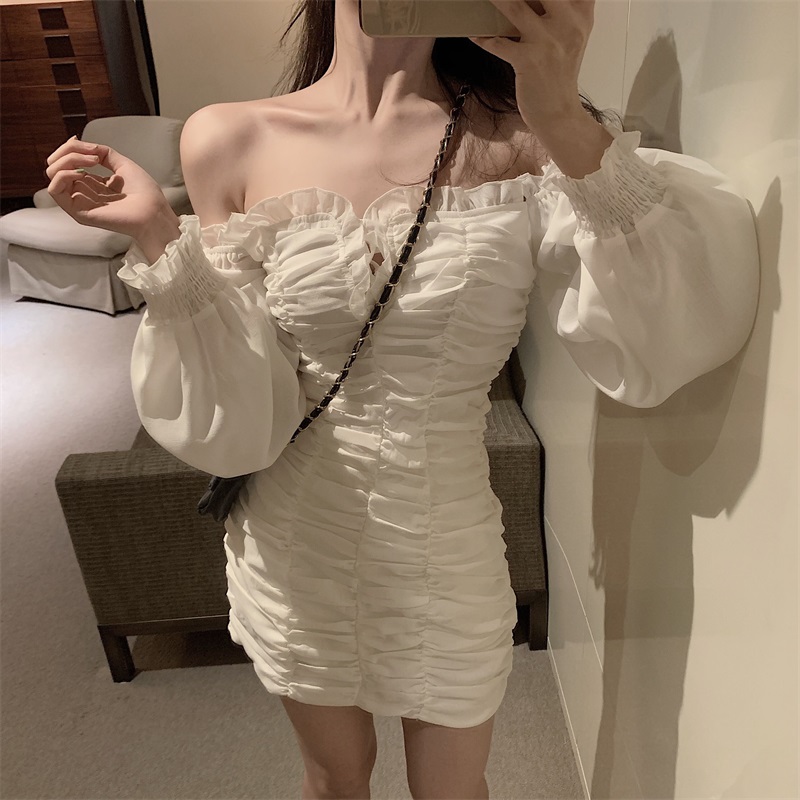 Real shot ~ real price ~ new long sleeve skirt with Auricularia auricula side, mid long waist and slim one shoulder dress