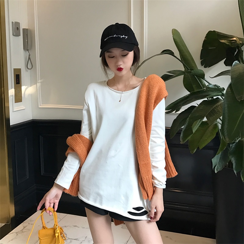 Real price languid style white Long Sleeve T-shirt with holes bottom coat loose medium length frosted thickened top