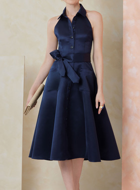 藏蓝色主持婚礼晚宴礼服连衣裙露背欧美定制做 tailored dresses